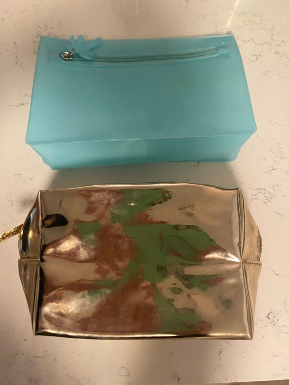 2 Sephora Sky Blue Silicone Pouch and Metallic Gold Cosmetic Bags